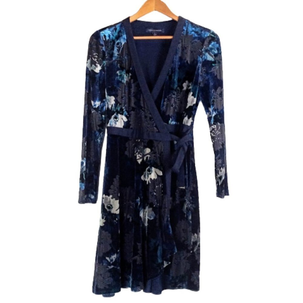 Tommy Hilfiger Blue Grey Velvet Burnout Wrap Dress